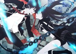 Rule 34 | 10s, 1boy, 1girl, ao no exorcist, arm cannon, battle, belt, bikini, bikini top only, black hair, black rock shooter, black rock shooter (character), blouse, blue eyes, blue fire, blurry, boots, chain, checkered background, coat, collared shirt, crossover, depth of field, fang, fire, flaming sword, flaming weapon, from side, glowing, glowing eyes, glowing weapon, holding, holding sword, holding weapon, katana, kurot, long hair, midriff, midriff peek, navel, necktie, okumura rin, open mouth, pale skin, pointy ears, profile, scabbard, school uniform, sheath, shirt, short hair, short shorts, shorts, smile, star (symbol), striped necktie, striped neckwear, swimsuit, sword, trait connection, twintails, very long hair, weapon, white shirt