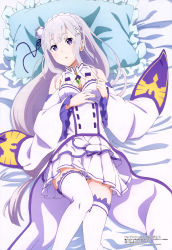 Rule 34 | 10s, 1girl, :o, absurdres, bare shoulders, bed sheet, blush, braid, breasts, butterfly hair ornament, buttons, cleavage, cleavage cutout, clenched hand, clothing cutout, detached sleeves, double-breasted, dress, elf, emblem, emilia (re:zero), eyebrows, flower, french braid, frilled pillow, frills, from above, gem, green gemstone, grey hair, hair flower, hair ornament, hair ribbon, hand on own chest, highres, lace, lace-trimmed legwear, lace trim, light purple hair, long hair, long sleeves, looking at viewer, low-tied long hair, lying, megami magazine, miniskirt, official art, on back, parted lips, pillow, pleated skirt, pointy ears, purple eyes, re:zero kara hajimeru isekai seikatsu, ribbon, showgirl skirt, sidelocks, skirt, solo, tanaka kazuma, thighhighs, thighs, turtleneck, very long hair, white thighhighs, wide sleeves, zettai ryouiki