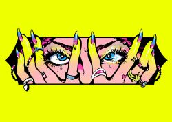Rule 34 | 1girl, blue eyes, blue nails, border, close-up, eyeshadow, hands on own face, heart, highres, jewelry, makeup, minillustration, nail polish, original, purple nails, ring, solo, yellow border, yellow nails