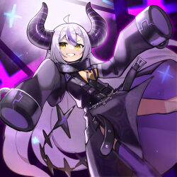 Rule 34 | 1girl, ahoge, baniran dorosu, black dress, collar, dress, floating, grin, hands up, hololive, horns, la+ darknesss, long sleeves, looking at viewer, metal collar, multicolored hair, original, pointy ears, purple hair, purple horns, purple thighhighs, single thighhigh, sleeves past fingers, sleeves past wrists, smile, solo, streaked hair, striped horns, tail, thighhighs, virtual youtuber, white hair, yellow eyes