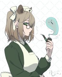 1girl absurdres apron dress glasses green_dress hat highres holding holding_smoking_pipe indie_virtual_youtuber long_sleeves medium_hair mihyonnn nimi_nightmare nurse_cap one_side_up smoke smoking smoking_pipe solo tapir tapir_girl virtual_youtuber