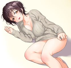 Rule 34 | 10s, 1girl, blush, breasts, brown eyes, brown hair, cleavage, covered erect nipples, female focus, gradient background, huge breasts, idolmaster, idolmaster cinderella girls, large breasts, looking at viewer, lying, naked sweater, oikawa shizuku, on side, onsoku inu, open mouth, ribbed sweater, short hair, solo, sweater, thighs
