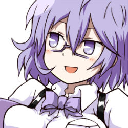 Rule 34 | 1girl, digimon, glasses, lowres, mikagura mirei, purple eyes, purple hair, simple background, solo, white background