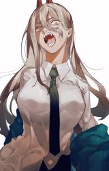 Rule 34 | 1girl, black necktie, blue jacket, breasts, chainsaw man, fangs, hair between eyes, highres, horns, jacket, unworn jacket, large breasts, long hair, long sleeves, looking at viewer, meltykiss0316, necktie, open mouth, power (chainsaw man), red horns, sharp teeth, shirt, simple background, solo, standing, symbol-shaped pupils, teeth, white background, yellow eyes
