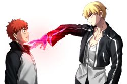 Rule 34 | 2boys, blonde hair, chietori, emiya shirou, fate/stay night, fate (series), gilgamesh (fate), male focus, multiple boys, official alternate costume, red eyes, red hair, simple background