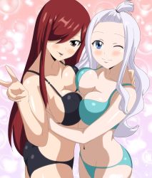 Rule 34 | 2girls, ass, back, bare shoulders, blue eyes, blush, breasts, brown eyes, closed mouth, erza scarlet, fairy tail, highres, large breasts, long hair, mirajane strauss, multiple girls, one eye closed, peace symbol, red hair, smile, swimsuit, tagme, tongue, tongue out, trenganfinn29, white hair