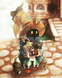 Rule 34 | animal, animal focus, artist request, black cat, black eyes, black mage (final fantasy), cat, final fantasy, final fantasy ix, full body, green eyes, hat, holding, holding animal, holding cat, house, long sleeves, looking at viewer, pants, stairs, standing, striped clothes, striped pants, third-party source, too many, too many cats, vertical-striped clothes, vertical-striped pants, vivi ornitier, white cat, witch hat, yellow eyes