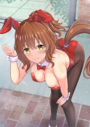 Rule 34 | 1girl, animal ears, aston machan (umamusume), bent over, black pantyhose, bow, bowtie, breasts, brick floor, brown hair, closed mouth, collar, commentary request, day, detached collar, ear covers, fake animal ears, green eyes, hair ornament, hair scrunchie, hand on own knee, high heels, highres, horse ears, horse girl, horse tail, large breasts, leaning forward, leotard, looking at viewer, medium hair, one side up, outdoors, pantyhose, partial commentary, playboy bunny, rabbit ears, red bow, red bowtie, red leotard, scrunchie, smile, solo, standing, strapless, strapless leotard, tail, umamusume, white collar, white footwear, wing collar, wrist cuffs, zenrakishi