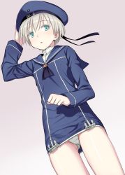 Rule 34 | 10s, 1girl, anchor, blue eyes, clothes writing, from below, gluteal fold, grey hair, hand on headwear, hat, kantai collection, kumadano, long sleeves, panties, parted lips, sailor collar, short hair, solo, underwear, upskirt, very short hair, white panties, z1 leberecht maass (kancolle)