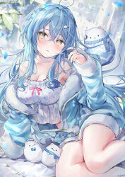 Rule 34 | 1girl, absurdres, ahoge, ame929, arm support, blue hair, blue nails, blue pajamas, breasts, cleavage, fur trim, highres, large breasts, long hair, original, pajamas, parted lips, shirt, strapless, strapless shirt, striped clothes, striped pajamas, stuffed animal, stuffed toy, yellow eyes