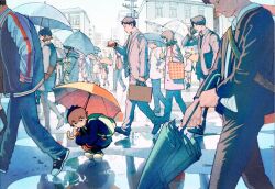 Rule 34 | 1boy, backpack, bag, black eyes, black pants, briefcase, brown hair, character request, child, closed eyes, closed mouth, closed umbrella, crowd, hand in pocket, high heels, holding, holding briefcase, jacket, kimio alive, looking at viewer, looking at watch, mokorobi, official art, pants, puddle, reflection, reflective water, shoes, sneakers, solo focus, squatting, talking on phone, umbrella, utility pole