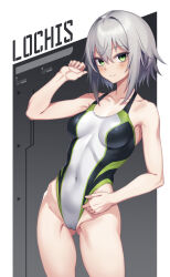 Rule 34 | 1girl, blush, closed mouth, collarbone, competition swimsuit, covered navel, cowboy shot, dosu (doseven), green eyes, grey hair, looking at viewer, one-piece swimsuit, phantasy star, phantasy star online 2, short hair, smile, solo, standing, swimsuit