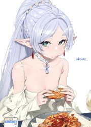 Rule 34 | 1girl, absurdres, alcohol, braid, breasts, cellphone, cleavage, cup, dangle earrings, dress, drinking glass, drop earrings, earrings, eating, elf, food, food on face, frieren, green eyes, grey hair, highres, holding, holding food, incredibly absurdres, jewelry, looking at viewer, phone, plate, pointy ears, small breasts, smartphone, solo, sousou no frieren, tizibade, weibo watermark, white background, white dress, wine glass