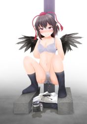Rule 34 | 1girl, angry, arms behind back, bare shoulders, black shirt, black socks, black wings, blush, bra, breasts, brown hair, camera, cleavage, closed mouth, collarbone, drooling, embarrassed, feathered wings, female focus, floral print, full body, gokiburi no dashi, gradient background, grey bra, grey pants, hat, highres, looking at viewer, navel, nose blush, panties, pants, pee, peeing, peeing on clothes, peeing self, pointy ears, pole, red eyes, red hat, saliva, shameimaru aya, shirt, short hair, sidelocks, simple background, skirt, small breasts, socks, solo, squatting, stomach, sweat, tears, tokin hat, touhou, underwear, underwear only, unworn shirt, unworn skirt, v-shaped eyebrows, wet, wet clothes, wet panties, white background, white shirt, wings