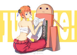 1girl :| ass back bare_shoulders barefoot blue_eyes blueprint_(object) bun_cover butt_crack closed_mouth double_bun female_focus from_behind gintama hair_bun hands_up iwse_zhang kagura_(gintama) looking_at_viewer looking_back mouth_hold orange_hair pants red_pants robot sarashi short_hair sidelocks sitting swept_bangs text_background watermark weibo_username weibo_watermark yellow_background