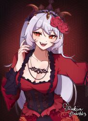 Rule 34 | 1girl, artist name, blush, breasts, cleavage, commission, dress, fangs, grey hair, highres, large breasts, long hair, looking at viewer, open mouth, original, red dress, red eyes, red nails, rukiadaichi, smile, solo, teeth, upper teeth only