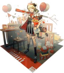 Rule 34 | 1girl, ;d, arknights, balloon, black footwear, black skirt, black socks, blonde hair, bucket, bucket of chicken, burger, chicken (food), choker, colonel sanders, confetti, cup, disposable cup, food, fried chicken, full body, hand up, hat, head tilt, highres, holding, holding bucket, horns, ifrit (arknights), ifrit (children&#039;s party) (arknights), kfc, kneehighs, looking at viewer, nail polish, norizc, official alternate costume, official art, one eye closed, open clothes, open mouth, open shirt, party hat, red choker, red eyes, red nails, red ribbon, ribbon, ribbon choker, shadow, shirt, shoes, short hair, short sleeves, skirt, smile, socks, solo, standing, stool, stuffed animal, stuffed owl, stuffed toy, thigh strap, transparent background, white shirt