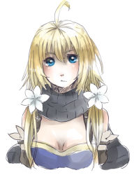 Rule 34 | 00s, 1girl, :/, artist request, blonde hair, blue eyes, breasts, cleavage, detached sleeves, emil castagnier, female focus, flower, gender request, genderswap, hair flower, hair ornament, long hair, plant, scarf, solo, tales of (series), tales of symphonia, tales of symphonia: dawn of the new world, white background