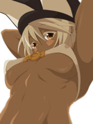 Rule 34 | 1girl, armpits, arms behind head, bad id, bad pixiv id, belt bra, blurry, blush, breasts, brown eyes, colored eyelashes, dark skin, dark-skinned female, depth of field, from below, guilty gear, guilty gear xrd, hat, highres, large breasts, long hair, looking at viewer, looking down, nanashi maru, ramlethal valentine, simple background, solo, underboob, white background, white hair