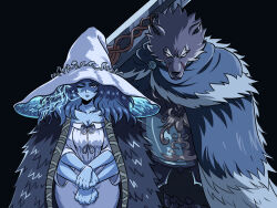 Rule 34 | 1boy, 1girl, armor, black background, blaidd the half-wolf, blue eyes, blue skin, cloak, closed mouth, collarbone, colored skin, cracked skin, doll joints, elden ring, extra arms, extra faces, fur cloak, furry, furry male, greatsword, hat, highres, holding, holding sword, holding weapon, joints, long hair, looking at viewer, one eye closed, ranni the witch, serious, simple background, sword, tina fate, weapon, white headwear, wide sleeves, witch, witch hat, wolf boy