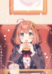 Rule 34 | 1girl, absurdres, ahoge, black jacket, blush, bow, bowtie, brown hair, burger, commentary request, cup, disposable cup, drinking straw, eating, flower, food, green eyes, hair flower, hair ornament, highres, holding, holding food, honma himawari, indoors, jacket, long sleeves, looking at viewer, mcdonald&#039;s, nijisanji, open mouth, red bow, red bowtie, round teeth, shirt, short hair, solo, sunflower, sunflower hair ornament, teeth, upper body, virtual youtuber, white shirt, yellow flower, yumesaki nana