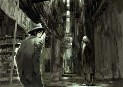 Rule 34 | alley, city, formal, frown, hat, humi, looking back, monochrome, muted color, original, scenery, standing, suit, toi8