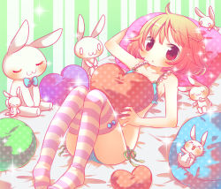 Rule 34 | 1girl, bad id, bad pixiv id, bed, bra, heart, heart-shaped pillow, looking at viewer, lying, on back, original, panties, pillow, red eyes, semausa, short hair, side-tie panties, socks, solo, striped clothes, striped socks, striped thighhighs, stuffed animal, stuffed rabbit, stuffed toy, thighhighs, underwear, underwear only