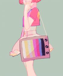 Rule 34 | 1girl, animated, animated gif, aqua background, commentary, english commentary, freckles, from side, hand to own mouth, midriff, original, pink hair, pink shirt, pink skirt, profile, routexx, shirt, short hair, short sleeves, simple background, skirt, solo, standing, television