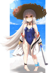 Rule 34 | 1girl, :o, absurdres, azur lane, bare shoulders, baseball bat, beach, blue one-piece swimsuit, blue sky, blush, brown eyes, brown gloves, casual one-piece swimsuit, cloud, collarbone, commentary request, covered navel, cross, day, gloves, hat, headpiece, highres, holding, holding baseball bat, holding bat, horizon, iron cross, jacket, long hair, long sleeves, looking at viewer, mogamiya yuu, mole, mole under eye, ocean, off shoulder, one-piece swimsuit, parted lips, pigeon-toed, sand, silver hair, sky, solo, standing, straw hat, swimsuit, toenails, very long hair, water, white jacket, z46 (azur lane), z46 (her first summer) (azur lane)