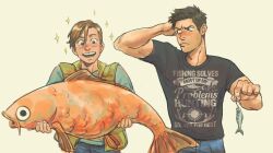 Rule 34 | 2boys, blonde hair, blue eyes, brown hair, clothes writing, cowboy shot, dean winchester, english text, fish, fluffsnake, green eyes, happy, highres, holding, holding animal, holding fish, jack kline, looking at another, male focus, mature male, multiple boys, print shirt, shirt, shirt writing, short hair, simple background, smile, sparkling aura, supernatural (tv series), sweatdrop, tooth gap