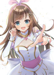 Rule 34 | 1girl, :d, absurdres, back bow, blue eyes, blush, bow, bracelet, breasts, brown hair, chromatic aberration, cleavage, detached sleeves, dress, floating hair, grey bow, hair ornament, hairband, headset, heart, heart hair ornament, highres, index finger raised, jewelry, kizuna ai, kizuna ai inc., long hair, long sleeves, microphone, nail polish, open mouth, pink hairband, pink nails, pointing, shun illustbscr, signature, small breasts, smile, solo, very long hair, virtual youtuber, white background, white dress, white sleeves