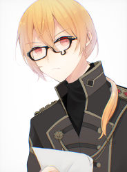 Rule 34 | 1boy, aiguillette, alois hades arnold rockmann, black-framed eyewear, blonde hair, closed mouth, fake tears, frown, glasses, hair between eyes, hair over shoulder, highres, holding, holding paper, long hair, looking at viewer, low ponytail, mahou sekai no uketsukejou ni naritai desu, male focus, nakawa, paper, ponytail, red eyes, simple background, solo, teardrop-framed glasses, turtleneck, upper body, white background