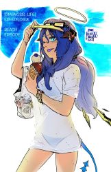 Rule 34 | 1girl, arknights, bikini, blue eyes, blue hair, blue tongue, colored tongue, fallen angel, food, goggles, goggles on head, halo, horns, ice cream, mostima (arknights), shirt, swimsuit, t-shirt, tail