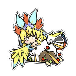 Rule 34 | 1girl, armlet, banana, banana slice, bare shoulders, blonde hair, blueberry, blush stickers, breasts, cherry, chibi, clover theater, dlrs93, feathered wings, food, fruit, harpy, headdress, lena (clover theater), monster girl, parted lips, revealing clothes, sideboob, simple background, solo, strawberry, throwing, white background, winged arms, wings, yellow wings