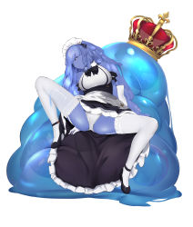 Rule 34 | 1boy, 1girl, absurdres, apron, arm garter, black dress, black footwear, blue hair, blue skin, breasts, colored skin, crown, dress, frills, full body, garter straps, grey eyes, high heels, highres, king slime (terraria), lace, lace-trimmed legwear, lace-trimmed panties, lace trim, large breasts, long hair, looking at viewer, maid, maid headdress, monster, monster girl, original, panties, pointy ears, simple background, sleeveless, sleeveless dress, slime (substance), slime girl, slm, solo, spread legs, terraria, thighhighs, underwear, waist apron, white apron, white background, white garter straps, white panties, white thighhighs