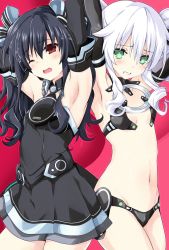 Rule 34 | 2girls, armpits, bare shoulders, black dress, black hair, black sister, blush, clenched teeth, commission, detached sleeves, dress, dual persona, elbow gloves, flat chest, gloves, green eyes, hair ornament, hair ribbon, highres, iwashi dorobou -r-, long hair, looking at viewer, midriff, multiple girls, navel, neptune (series), one eye closed, power symbol, power symbol-shaped pupils, presenting armpit, red eyes, revealing clothes, ribbon, short dress, suggestive fluid, symbol-shaped pupils, teeth, two side up, uni (neptunia), wet, white hair