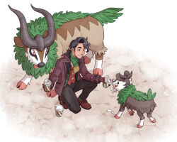 Rule 34 | 1boy, augustine sycamore, augustine sycamore (holiday 2023), black hair, brown footwear, cappuccino, creatures (company), cup, disposable cup, effie lealand, game freak, gen 6 pokemon, goat horns, gogoat, green scarf, horns, kneeling, looking at another, male focus, nintendo, official alternate costume, pokemon, pokemon (creature), pokemon masters ex, red eyes, scarf, skiddo, smile