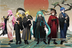 Rule 34 | 2boys, 4girls, abstract background, adjusting hair, ankle boots, aqua bow, aqua eyes, aqua hair, aqua nails, bare tree, belt, black belt, black bow, black choker, black footwear, black gloves, black hakama, black headwear, black kimono, black ribbon, black robe, black socks, blonde hair, blue eyes, blue hair, blue kimono, blue nails, boots, bow, bracelet, braid, branch, brooch, brown background, brown eyes, brown hair, bush, checkered clothes, checkered kimono, checkered sash, choker, clenched hands, closed mouth, colored shoe soles, commentary request, cross-laced footwear, crossed arms, crypton future media, dark blue hair, diagonal stripes, diamond (shape), diamond print, dress shoes, egasumi, fashion, fingernails, floral print, flower, folding fan, french braid, frilled sleeves, frills, full body, gloves, gold trim, gradient kimono, grass, green eyes, grey hakama, hair behind ear, hair between eyes, hair flower, hair ornament, hair ribbon, hairclip, hakama, hakama skirt, half-closed eyes, hand fan, hand on own hip, hand up, hands up, hat, hatsune miku, head tilt, high heels, highres, hill, hinatsu, holding, holding fan, holding umbrella, japanese clothes, jewelry, kagamine len, kagamine rin, kaito (vocaloid), kimono, lace, lace-up boots, lace gloves, lace socks, lace trim, leaf, leaf hair ornament, leaf print, lineup, long hair, looking at viewer, megurine luka, meiko (vocaloid), multicolored clothes, multicolored kimono, multiple boys, multiple girls, o-ring, o-ring belt, o-ring choker, obi, official art, oil-paper umbrella, parted bangs, parted lips, piapro, pink hair, pink kimono, platform boots, platform footwear, pom pom (clothes), print kimono, profile, pumps, red hakama, red kimono, red sun, ribbon, robe, sash, serious, shoes, short hair, sidelocks, sideways glance, simple background, skirt, smile, snow, snowing, socks, standing, striped clothes, striped kimono, striped ribbon, sun, tassel, tassel hair ornament, tree, triangle print, triple horizontal stripe, twintails, two-tone kimono, umbrella, veil, vertical-striped clothes, vertical-striped kimono, very long hair, vocaloid, waist bow, wavy hair, white flower, white kimono, white sash, yellow flower, yellow nails, yukata