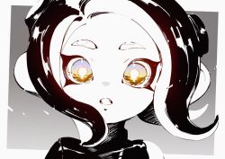 Rule 34 | 1girl, :o, agent 8 (splatoon), blue eyes, bright pupils, eye focus, eye reflection, fang, medium hair, monochrome, multicolored eyes, nintendo, octoling, octoling girl, octoling player character, open mouth, reflection, solo, splatoon (series), splatoon 2, splatoon 2: octo expansion, spot color, suction cups, tentacle hair, upper body, wadanaka, white pupils, yellow eyes