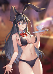 Rule 34 | 1girl, absurdres, animal ears, bare arms, bare shoulders, bikini, black bikini, black hair, blue eyes, blurry, blurry background, bow, bowtie, breasts, rabbit ears, cleavage, cowboy shot, cup, depth of field, detached collar, fake animal ears, groin, hair ornament, hairclip, hand up, highres, large breasts, long hair, looking at viewer, navel, parted lips, sakurajima mai, seishun buta yarou, solo, standing, stomach, swimsuit, teacup, thighs, tray, yin lan xue
