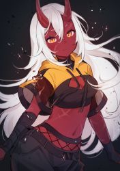 Rule 34 | 1girl, absurdres, akumi (yoclesh), black gloves, black pants, breasts, cleavage cutout, clothing cutout, colored skin, commentary, english commentary, gloves, highres, hood, hood down, horns, indie virtual youtuber, long hair, looking at viewer, medium breasts, midriff, navel, oni, oni horns, orange eyes, pants, red skin, scar, scar on arm, scar on face, scar on stomach, see-through, short sleeves, sidelocks, solo, sports bra, stomach, upper body, very long hair, virtual youtuber, white hair, yennineii