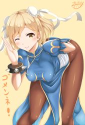 Rule 34 | 1girl, ;), arm behind back, bent over, blue dress, bracelet, breasts, brown eyes, brown pantyhose, bun cover, capcom, china dress, chinese clothes, chun-li, chun-li (cosplay), cosplay, djeeta (granblue fantasy), double bun, dress, granblue fantasy, hair bun, jewelry, light brown hair, looking at viewer, one eye closed, pantyhose, pelvic curtain, puffy short sleeves, puffy sleeves, short hair, short sleeves, side slit, smile, solo, spiked bracelet, spikes, street fighter, translated, zukky