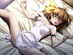 Rule 34 | 1girl, antenna hair, apron, arm garter, armpits, bed, bed sheet, blush, bow, breasts, brown hair, choker, clenched hand, closed eyes, covered erect nipples, dutch angle, frills, from above, game cg, hadaka apron gakuen, hair bow, hair ribbon, indoors, kazuma muramasa, legs, lying, naked apron, niwa takami, on back, open mouth, outstretched arms, pillow, ribbon, short hair, sideboob, sleeping, solo, spread arms, spread legs, tears