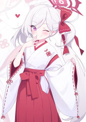 Rule 34 | 1girl, blue archive, blush, deadnooodles, grey hair, grin, hakama, heart, highres, japanese clothes, long hair, long sleeves, looking at viewer, miko, mutsuki (blue archive), one eye closed, purple eyes, red hakama, ribbon-trimmed sleeves, ribbon trim, side ponytail, smile, solo, wide sleeves