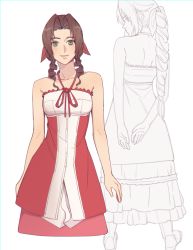 Rule 34 | 1girl, aerith gainsborough, arms behind back, bare arms, boots, braid, braided ponytail, breasts, brown hair, collarbone, curly hair, dress, final fantasy, final fantasy vii, full body, green eyes, hair ribbon, halter dress, halterneck, kingdom hearts, kingdom hearts ii, long hair, looking at viewer, looking back, medium breasts, multiple views, parted bangs, pink dress, pudelmudel, ribbon, sidelocks, sleeveless, sleeveless dress, smile, solo, square enix, upper body, white background