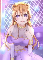 Rule 34 | 1girl, artist name, artist request, blush, bracelet, breasts, brown hair, butterfly (love live!), choker, cleavage, clothing cutout, collarbone, cropped shirt, crown, detached sleeves, double bun, dress, dress shirt, earrings, female focus, gold bracelet, hair between eyes, hair bun, hair rings, harem outfit, highres, jewelry, konoe kanata, leaning forward, long hair, looking at viewer, love live!, love live! nijigasaki high school idol club, love live! school idol festival, medium breasts, navel, parted lips, puffy short sleeves, puffy sleeves, purple eyes, purple shirt, purple shorts, purple sleeves, shirt, short sleeves, shorts, shoulder cutout, smile, solo, sparkle, two side up, yellow bracelet, yellow choker