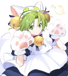 Rule 34 | 1girl, animal hands, animal hat, apron, bell, blue ribbon, cat hat, cat tail, closed mouth, dejiko, di gi charat, gema, gloves, green eyes, green hair, hands up, hat, highres, jingle bell, looking at viewer, maid apron, paw gloves, puffy short sleeves, puffy sleeves, raised eyebrows, ribbon, short hair, short sleeves, smile, solo, tail, tg (tg c apple), white background