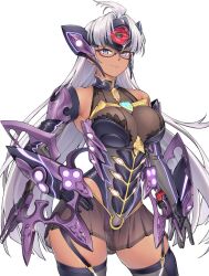 Rule 34 | 1girl, android, bare shoulders, blue eyes, breasts, chest jewel, cleavage, dark-skinned female, dark skin, elbow gloves, forehead protector, ge-b, glasses, gloves, large breasts, long hair, looking at viewer, simple background, smile, solo, t-elos, t-elos re:, thighhighs, very long hair, xenoblade chronicles (series), xenoblade chronicles 2, xenosaga