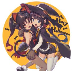 Rule 34 | 10s, 2girls, animal ears, bare shoulders, black hair, blue eyes, boots, cape, cat ears, cat tail, choker, commentary request, fang, gloves, halloween, halloween costume, hat, hinatsuru ai, leotard, long hair, long sleeves, looking at viewer, low twintails, multiple girls, neck bell, open mouth, orange neckwear, pantyhose, ponytail, red eyes, ryuuou no oshigoto!, shirabi, shirt, shorts, sleeveless, tail, thighhighs, twintails, vest, white legwear, white shirt, witch hat, yashajin ai