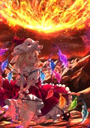 Rule 34 | 1girl, arms behind back, ass, blonde hair, blouse, calpis118, commentary request, crystal, energy ball, feet out of frame, flandre scarlet, glowing, glowing eyes, grin, hair between eyes, hat, highres, holding, holding polearm, holding weapon, laevatein, looking back, medium hair, mob cap, outdoors, petticoat, polearm, profile, red eyes, red skirt, red vest, shirt, sideways glance, skirt, smile, solo, touhou, vest, weapon, white hat, white shirt, wings, wrist cuffs